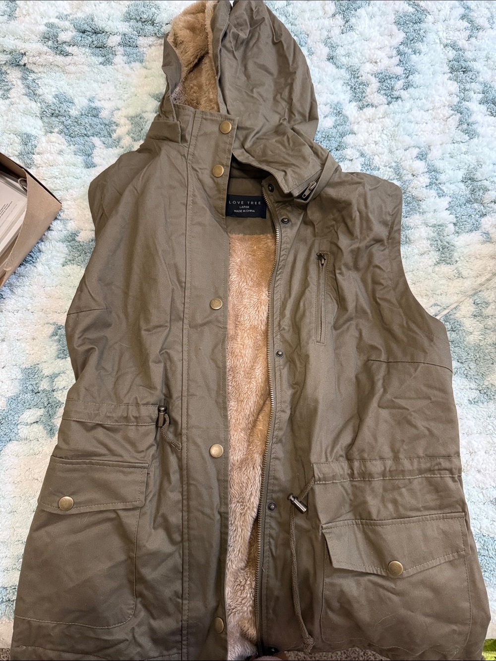 Love Tree Olive Green Hooded Faux-Fur Lined Utility Jacket